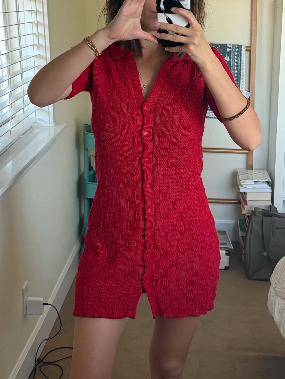 Red Short Sleeve Button-Up Knit dress